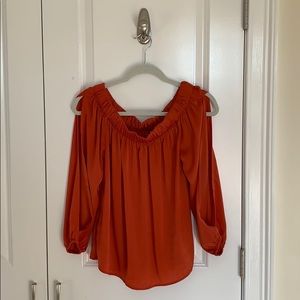 coral split sleeve off-shoulder satin blouse